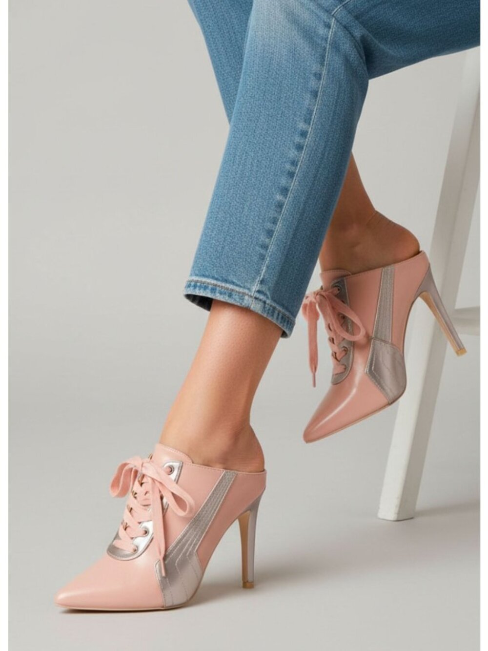 Pink & Silver Pointed Toe Lace-Up Stiletto Heel Mules For Women